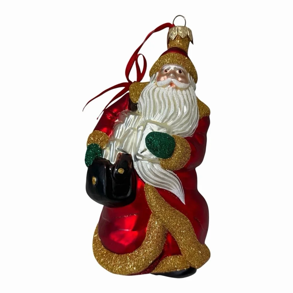 1999 Patricia Breen Through Rain and‎ Snow Santa Ornament Red Coat Bag Glass Vtg